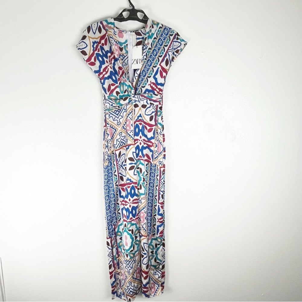 ZARA Multicolored Abstract Print Deep V-Neck Back Zipper Cap Sleeves Jumpsuit XS